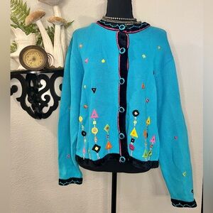 Jack B Quick Vintage 90s Turquoise Colorful Shapes Beaded Cardigan Sweater XL